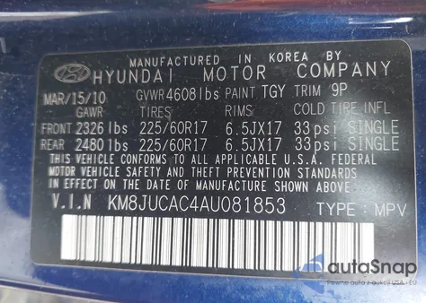 2010 Hyundai Tucson Gls from USA, damaged, VIN KM8JUCAC4AU081853